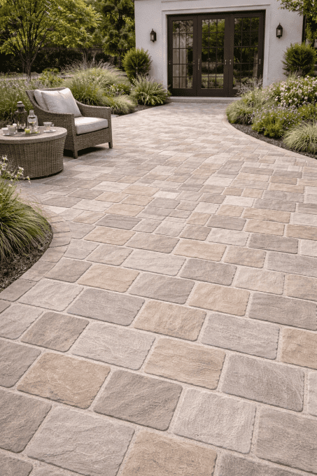 Pavés grès kandla white beige blanc rosé  14/20 cm Ep. 5/7 cm - unité de vente : 1 m² pour 30 pavés