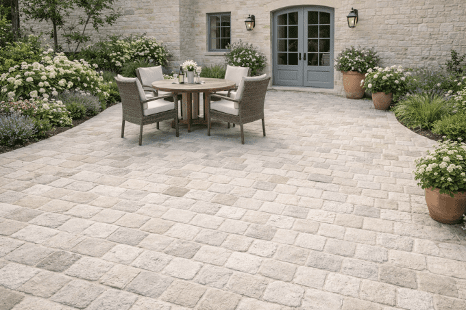 Pavés grès kandla Mint jaune blanc calcaire 14/14 cm Ep. 5/7  - unité de vente : 1 m² pour 42 pavés