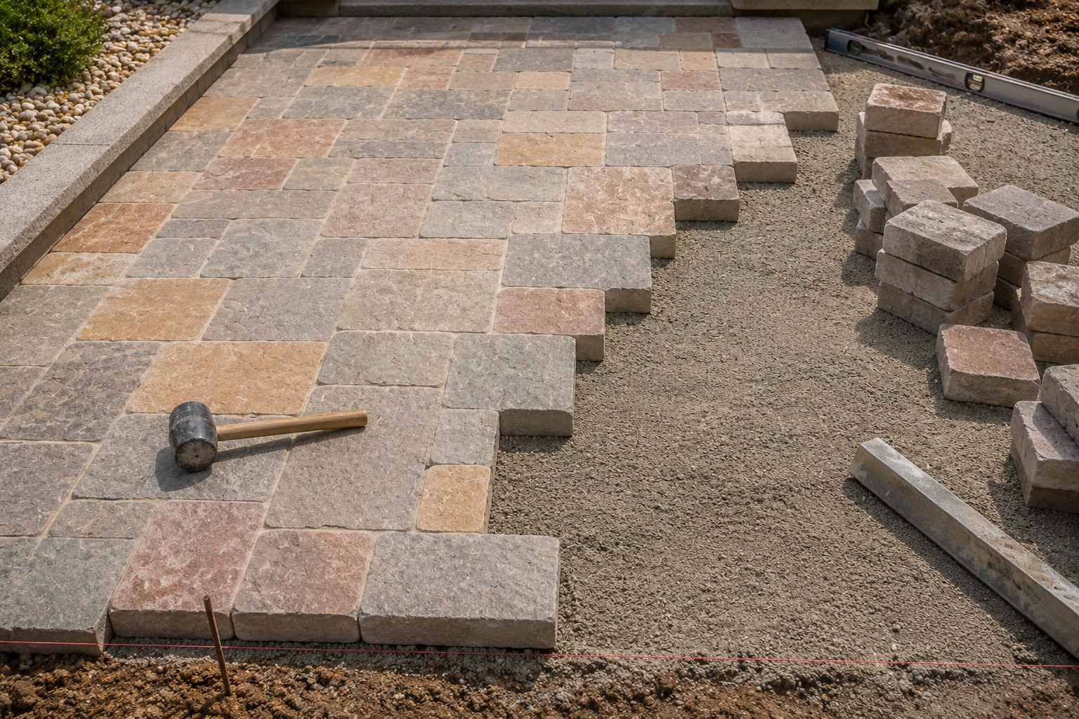 Préparation et lit de pose Kandla pour pavage extérieur. Cette vue de dessus montre les étapes de construction d'une terrasse en pierre naturelle. Une partie des pavés rectangulaires aux nuances ocres, grises et rosées est déjà installée de manière régulière. À côté, la zone sablonneuse et granuleuse préparée met en valeur l'importance d'un lit de pose Kandla soigné. Un maillet de chantier est posé au sol, symbolisant le travail de précision nécessaire pour ajuster chaque pavé et obtenir une surface plane et durable.
